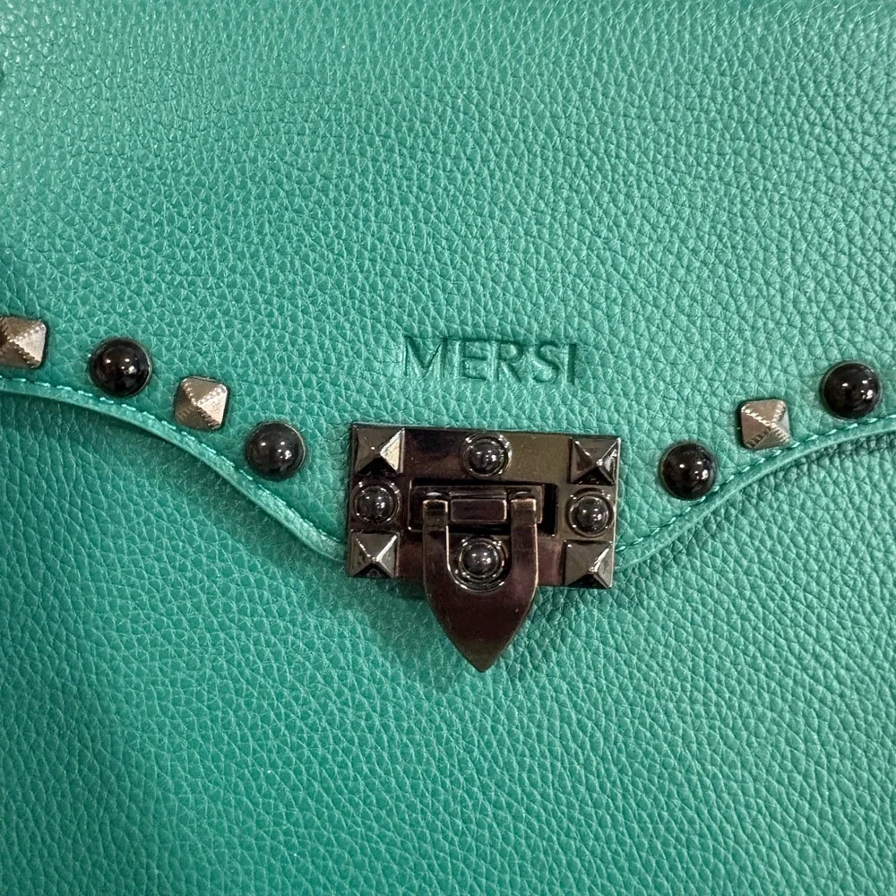 MERSI Teal Pebbled Leather Studded Crossbody Bag - Picture 8 of 10